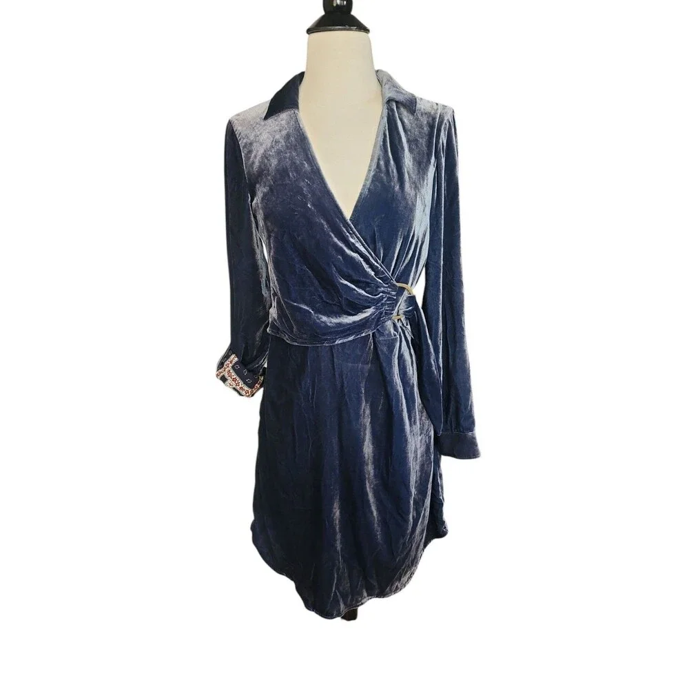 Maeve For Anthropologie Faux Wrap Mini Dress Womens Size 4  Navy Velvet Roll Tab